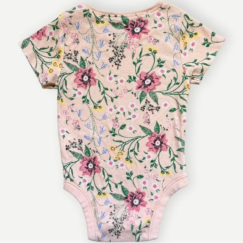 Old Navy Baby Girls Short Sleeve Pink Floral Onesie Bodysuit. 12-18 Months.